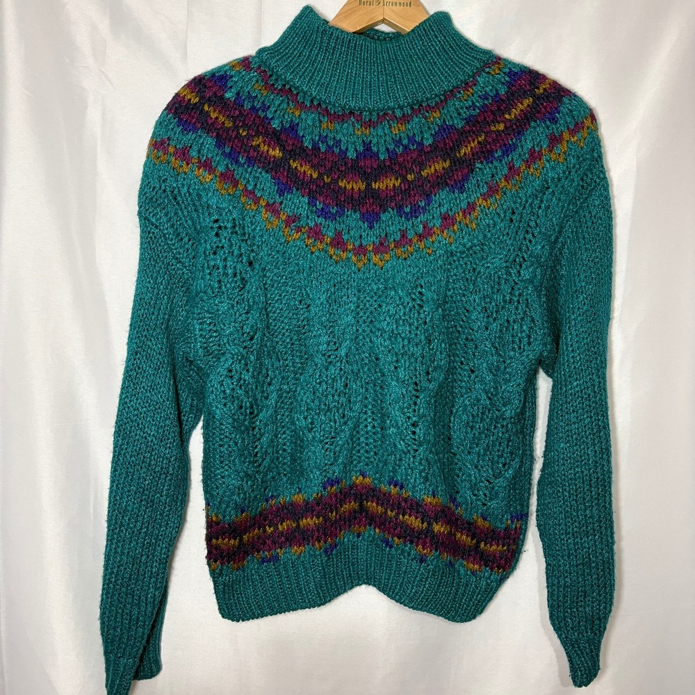 Vintage Jamie Scott Hand Knit Teal Fair Isle Sweater Mock Neck Heavy Ramie Large - Picture 1 of 9